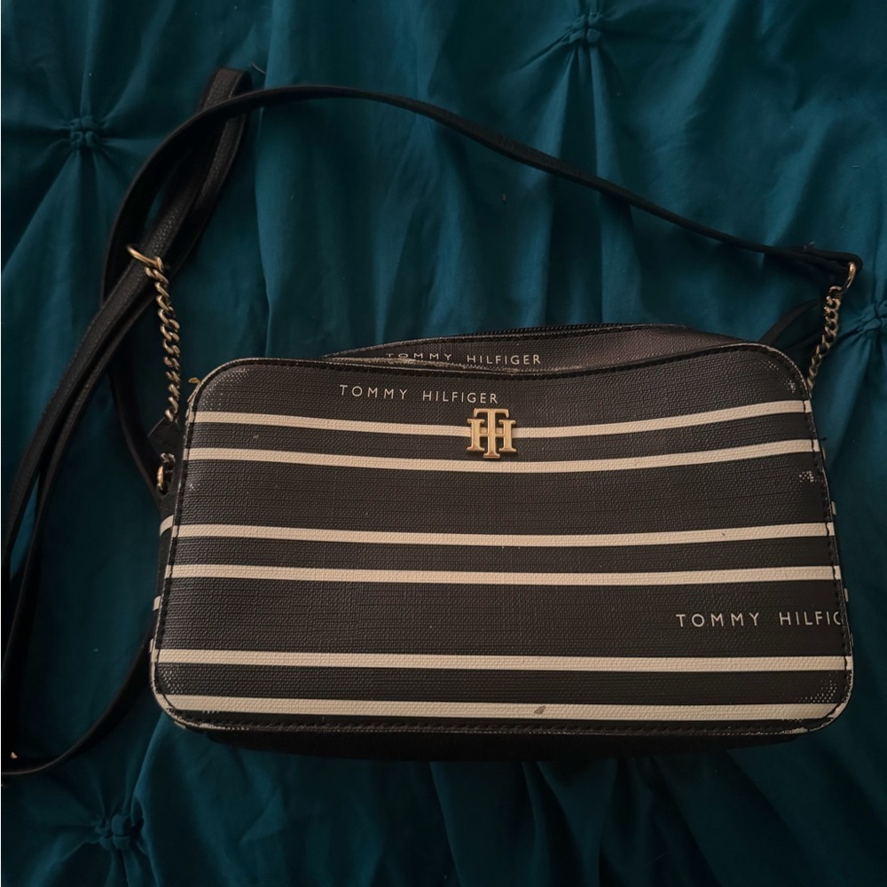 Tommy Hilfiger Black and White Striped Crossbody Bag